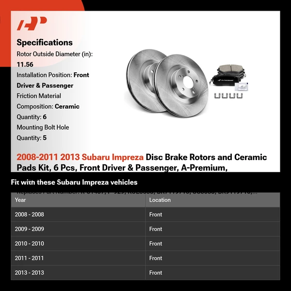 2008-2011 2013 Subaru Impreza Disc Brake Rotors and Ceramic Pads Kit, 6 Pcs, Front Driver & Passenger, A-Premium, APBRPR101