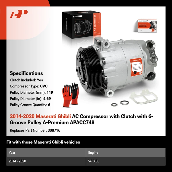 2014-2020 Maserati Ghibli AC Compressor with Clutch with 6-Groove Pulley A-Premium APACC748