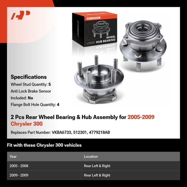 2 Pcs Rear Wheel Bearing & Hub Assembly for 2005-2009 Chrysler 300