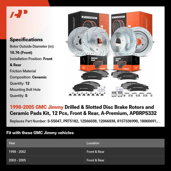 1998-2005 GMC Jimmy Drilled & Slotted Disc Brake Rotors and Ceramic Pads Kit, 12 Pcs, Front & Rear, A-Premium, APBRPS332