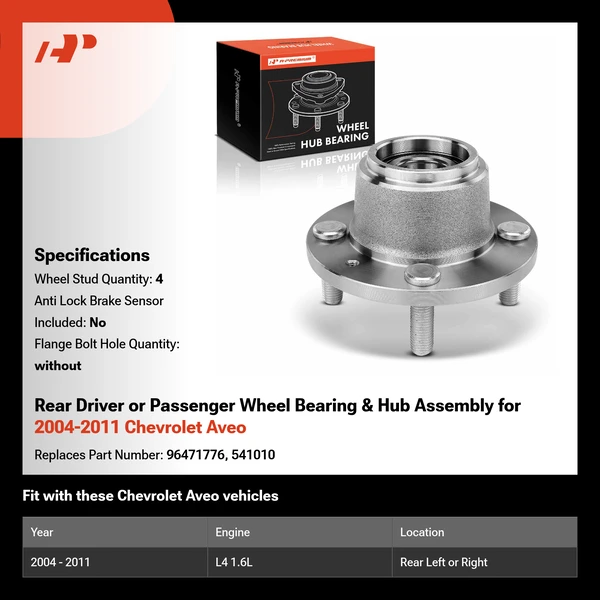 Rear Driver or Passenger Wheel Bearing & Hub Assembly for 2004-2011 Chevrolet Aveo