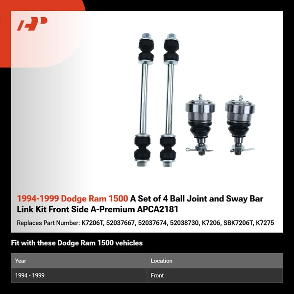 1994-1999 Dodge Ram 1500 A Set of 4 Ball Joint and Sway Bar Link Kit Front Side A-Premium APCA2181