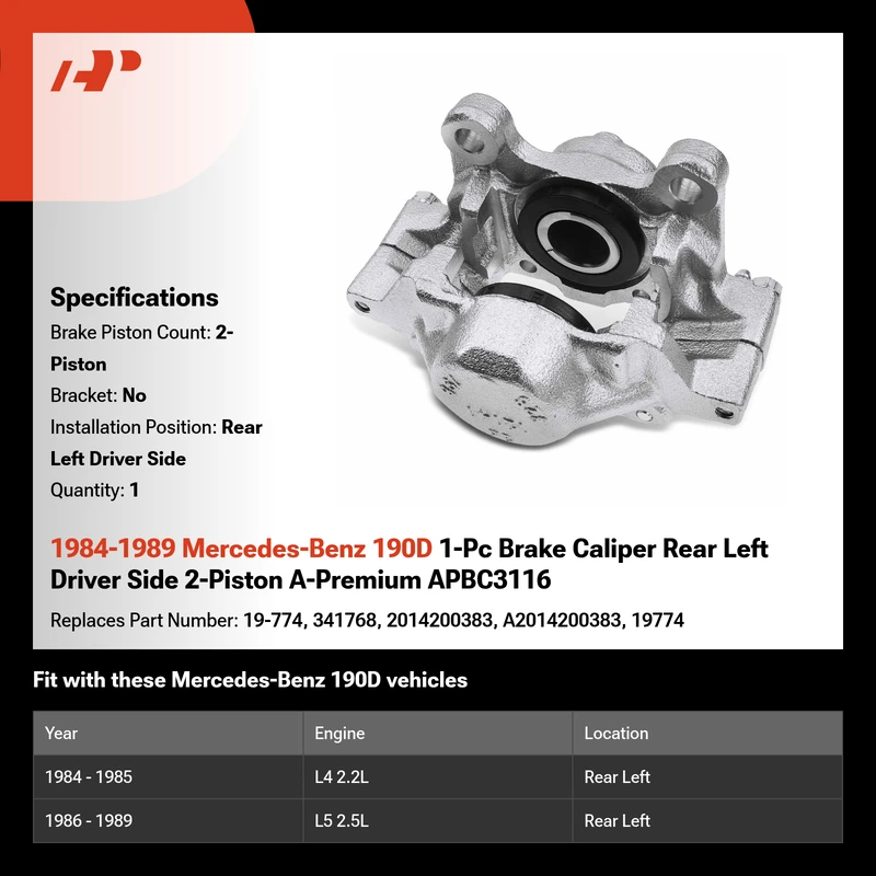 1984-1989 Mercedes-Benz 190D 1-Pc Brake Caliper Rear Left Driver Side 2-Piston A-Premium APBC3116