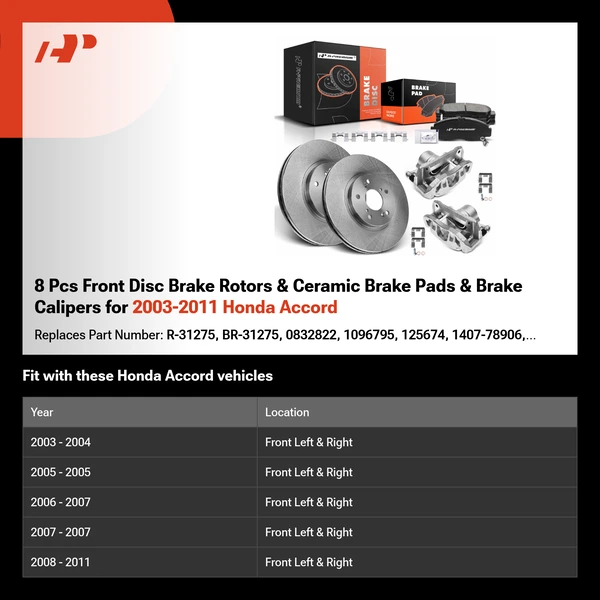 8 Pcs Front Disc Brake Rotors & Ceramic Brake Pads & Brake Calipers for 2003-2011 Honda Accord
