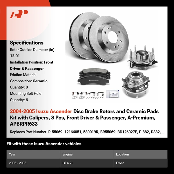 2004-2005 Isuzu Ascender Disc Brake Rotors and Ceramic Pads Kit with Calipers, 8 Pcs, Front Driver & Passenger, A-Premium, APBRPR633
