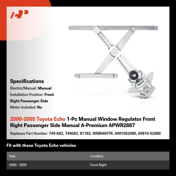 2000-2005 Toyota Echo 1-Pc Manual Window Regulator Front Right Passenger Side Manual A-Premium APWR2887