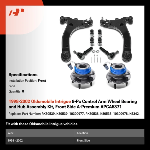 1998-2002 Oldsmobile Intrigue 8-Pc Control Arm Wheel Bearing and Hub Assembly Kit, Front Side A-Premium APCA5371