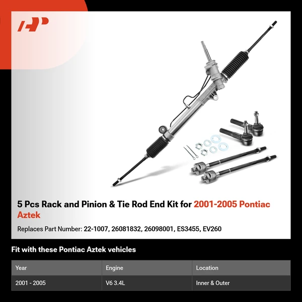 5 Pcs Rack and Pinion & Tie Rod End Kit for 2001-2005 Pontiac Aztek