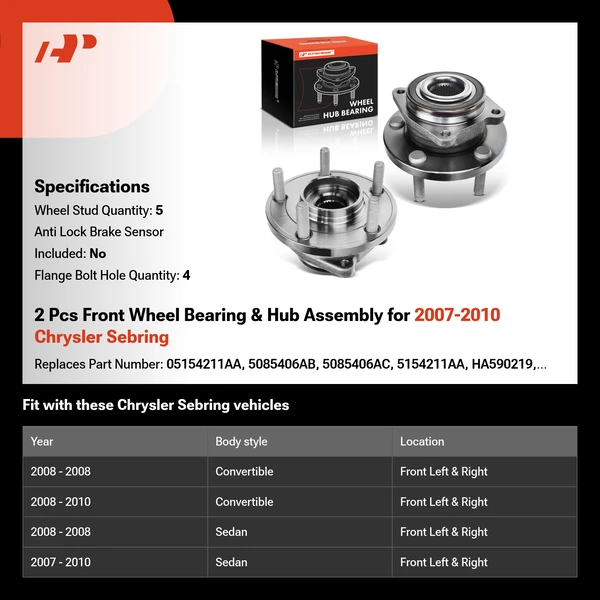 2 Pcs Front Wheel Bearing & Hub Assembly for 2007-2010 Chrysler Sebring