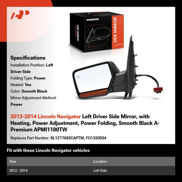 2012-2014 Lincoln Navigator Left Driver Side Mirror, with Heating, Power Adjustment, Power Folding, Smooth Black A-Premium APMI1180TW