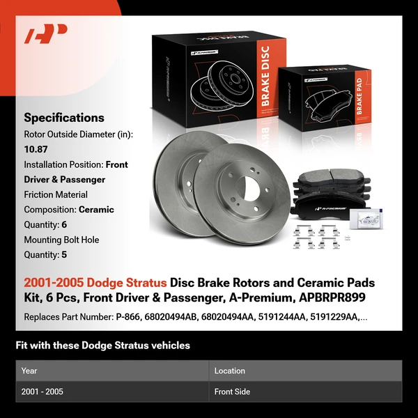 2001-2005 Dodge Stratus Disc Brake Rotors and Ceramic Pads Kit, 6 Pcs, Front Driver & Passenger, A-Premium, APBRPR899