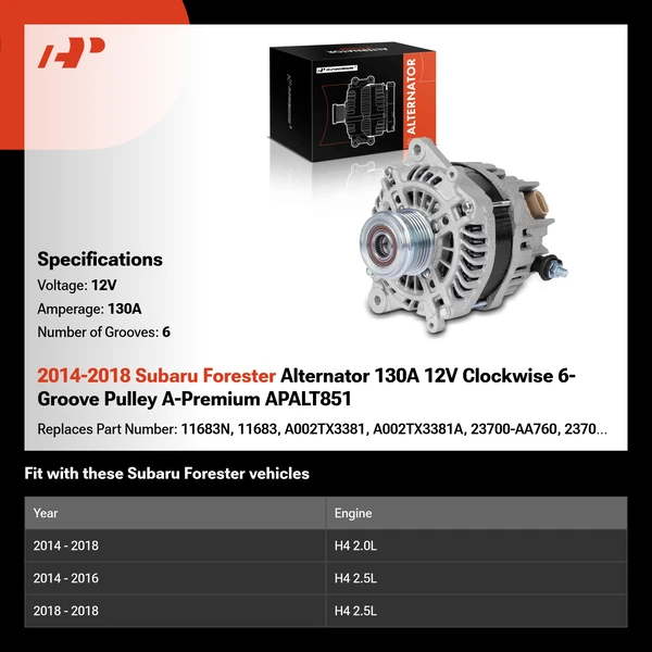 2014-2018 Subaru Forester Alternator 130A 12V Clockwise 6-Groove Pulley A-Premium APALT851