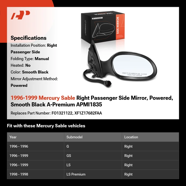 1996-1999 Mercury Sable Right Passenger Side Mirror, Powered, Smooth Black A-Premium APMI1835
