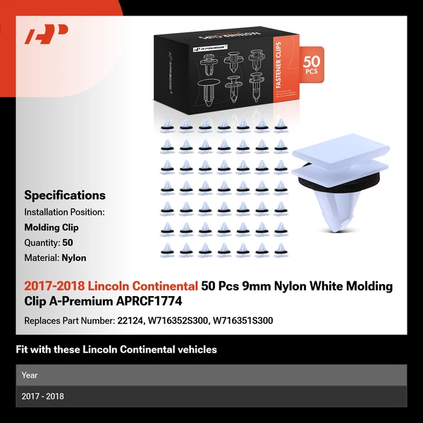 2017-2018 Lincoln Continental 50 Pcs 9mm Nylon White Molding Clip A-Premium APRCF1774