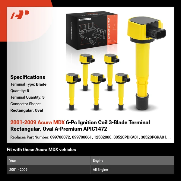 2001-2009 Acura MDX 6-Pc Ignition Coil 3-Blade Terminal Rectangular, Oval A-Premium APIC1472