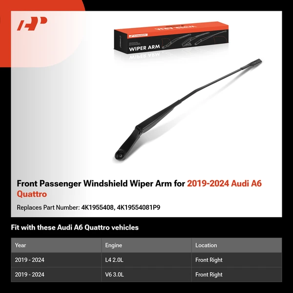 Front Passenger Windshield Wiper Arm for 2019-2024 Audi A6 Quattro