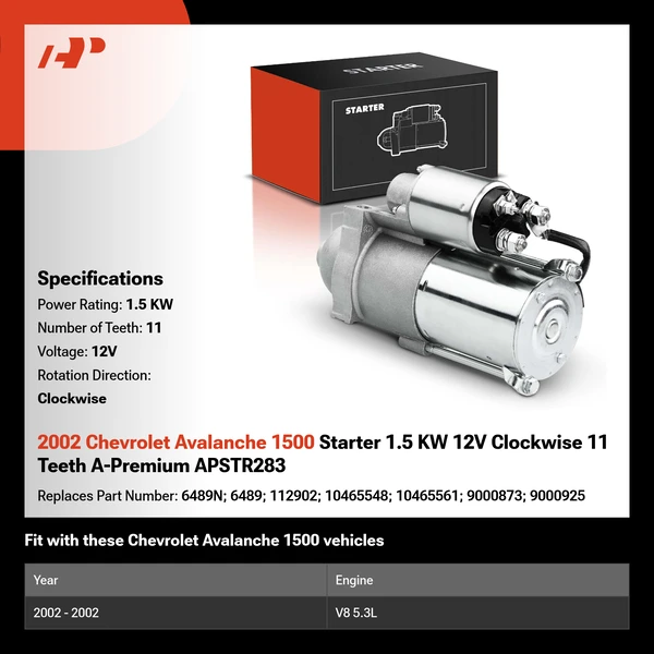 2002 Chevrolet Avalanche 1500 Starter 1.5 KW 12V Clockwise 11 Teeth A-Premium APSTR283