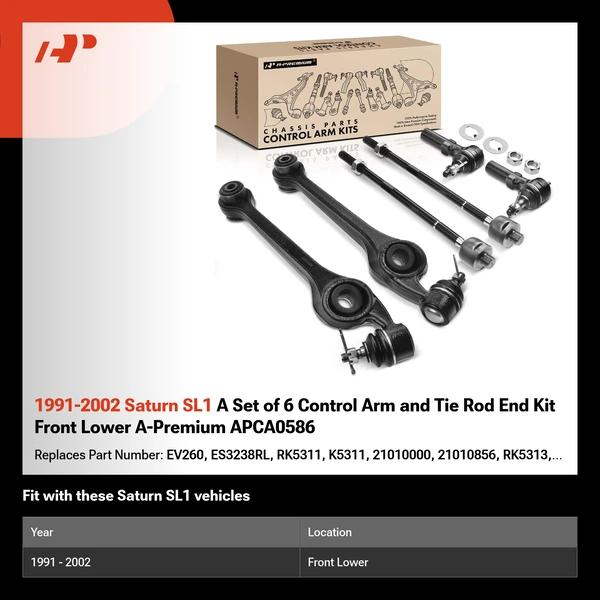 1991-2002 Saturn SL1 A Set of 6 Control Arm and Tie Rod End Kit Front Lower A-Premium APCA0586