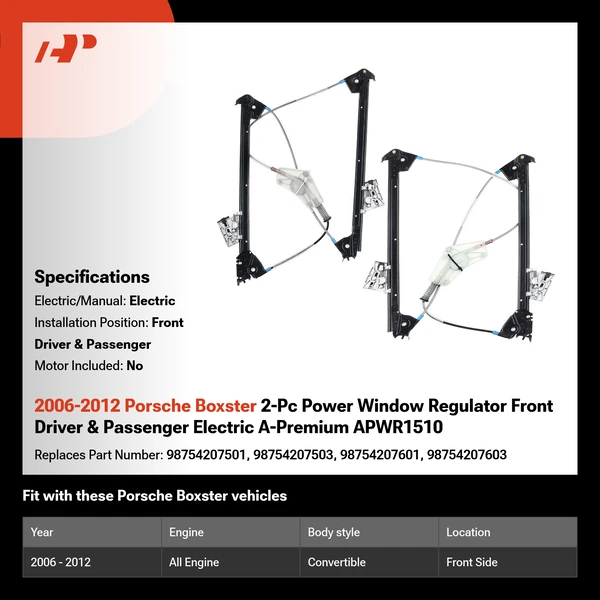 2006-2012 Porsche Boxster 2-Pc Power Window Regulator Front Driver & Passenger Electric A-Premium APWR1510
