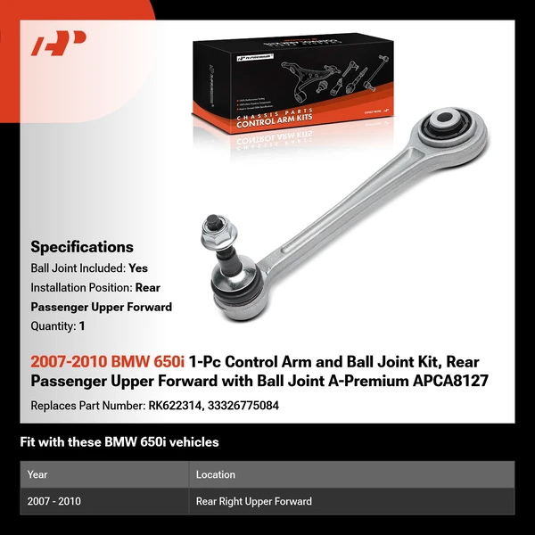 2007-2010 BMW 650i 1-Pc Control Arm and Ball Joint Kit, Rear Passenger Upper Forward with Ball Joint A-Premium APCA8127