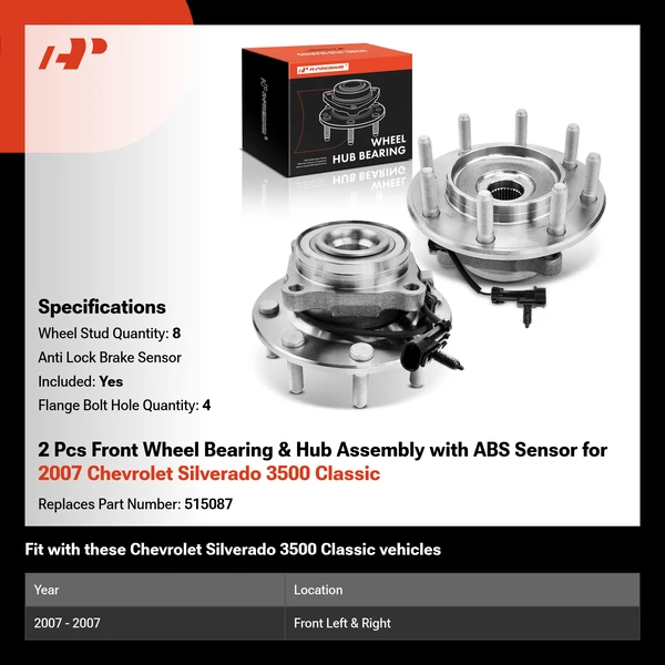 2 Pcs Front Wheel Bearing & Hub Assembly with ABS Sensor for 2007 Chevrolet Silverado 3500 Classic