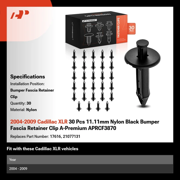 2004-2009 Cadillac XLR 30 Pcs 11.11mm Nylon Black Bumper Fascia Retainer Clip A-Premium APRCF3870