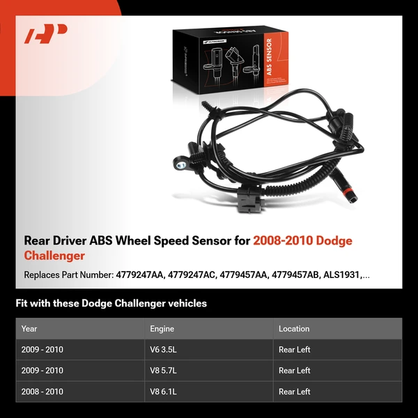 Rear Driver ABS Wheel Speed Sensor for 2008-2010 Dodge Challenger