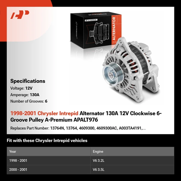 1998-2001 Chrysler Intrepid Alternator 130A 12V Clockwise 6-Groove Pulley A-Premium APALT976