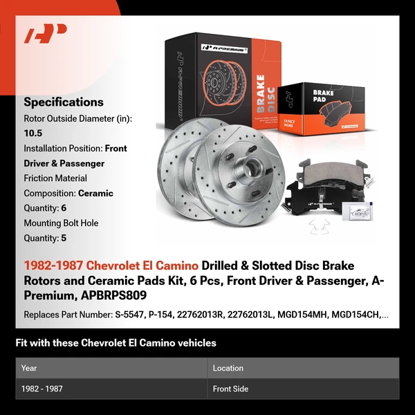 1982-1987 Chevrolet El Camino Drilled & Slotted Disc Brake Rotors and Ceramic Pads Kit, 6 Pcs, Front Driver & Passenger, A-Premium, APBRPS809
