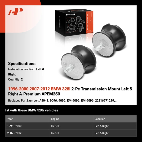 1996-2000 2007-2012 BMW 328i 2-Pc Transmission Mount Left & Right A-Premium APEM250