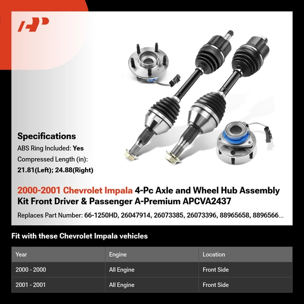 2000-2001 Chevrolet Impala 4-Pc Axle and Wheel Hub Assembly Kit Front Driver & Passenger A-Premium APCVA2437