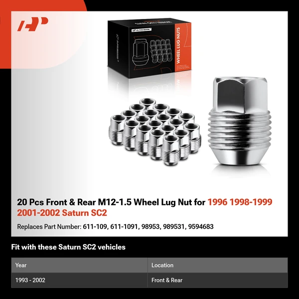20 Pcs Front & Rear M12-1.5 Wheel Lug Nut for 1996 1998-1999 2001-2002 Saturn SC2