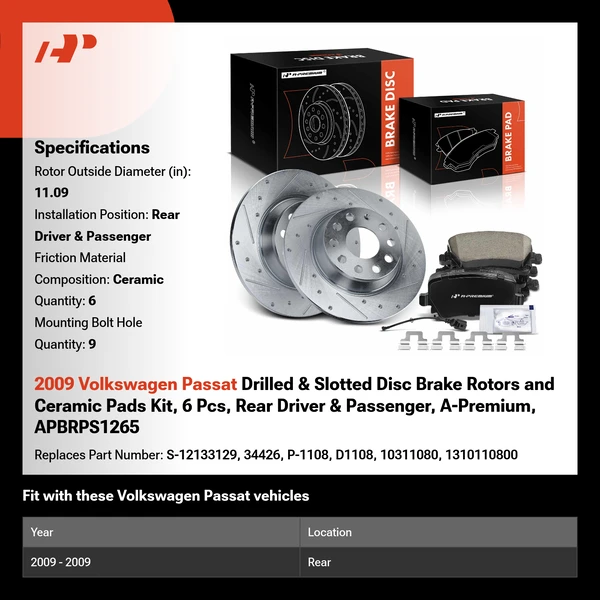 2009 Volkswagen Passat Drilled & Slotted Disc Brake Rotors and Ceramic Pads Kit, 6 Pcs, Rear Driver & Passenger, A-Premium, APBRPS1265