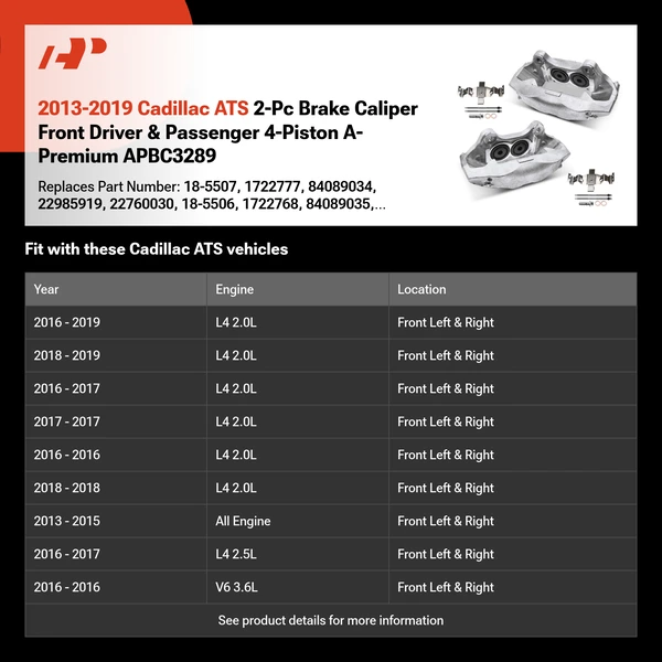 2013-2019 Cadillac ATS 2-Pc Brake Caliper Front Driver & Passenger 4-Piston A-Premium APBC3289