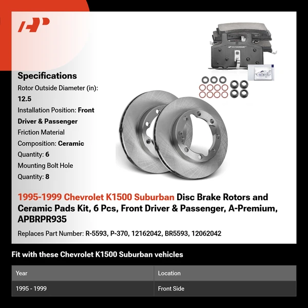 1995-1999 Chevrolet K1500 Suburban Disc Brake Rotors and Ceramic Pads Kit, 6 Pcs, Front Driver & Passenger, A-Premium, APBRPR935