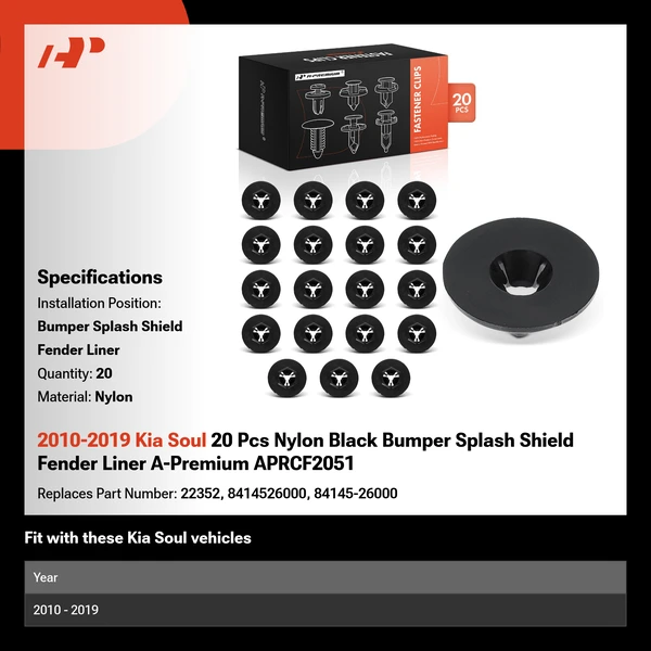 2010-2019 Kia Soul 20 Pcs Nylon Black Bumper Splash Shield Fender Liner A-Premium APRCF2051