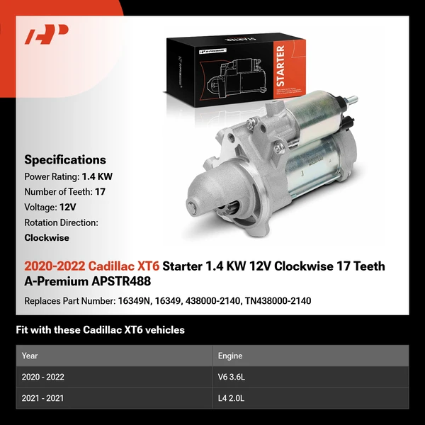 2020-2022 Cadillac XT6 Starter 1.4 KW 12V Clockwise 17 Teeth A-Premium APSTR488