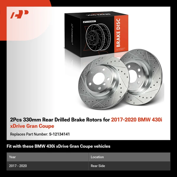 2Pcs 330mm Rear Drilled Brake Rotors for 2017-2020 BMW 430i xDrive Gran Coupe