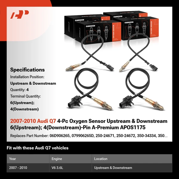 2007-2010 Audi Q7 4-Pc Oxygen Sensor Upstream & Downstream 6(Upstream); 4(Downstream)-Pin A-Premium APOS1175