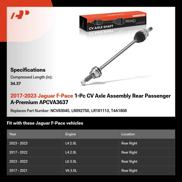 2017-2023 Jaguar F-Pace 1-Pc CV Axle Assembly Rear Passenger A-Premium APCVA3637