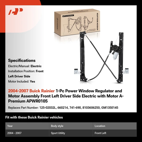 2004-2007 Buick Rainier 1-Pc Power Window Regulator and Motor Assembly Front Left Driver Side Electric with Motor A-Premium APWR0105