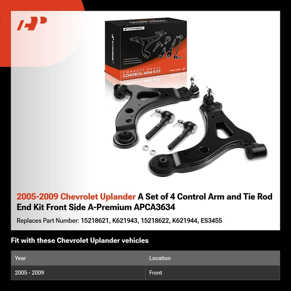 2005-2009 Chevrolet Uplander A Set of 4 Control Arm and Tie Rod End Kit Front Side A-Premium APCA3634