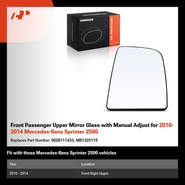 Front Passenger Upper Mirror Glass with Manual Adjust for 2010-2014 Mercedes-Benz Sprinter 2500