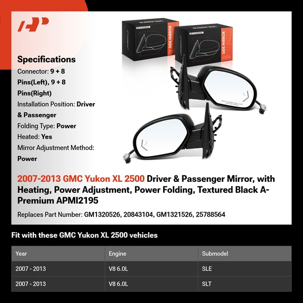 2007-2013 GMC Yukon XL 2500 Driver & Passenger Mirror, with Heating, Power Adjustment, Power Folding, Textured Black A-Premium APMI2195