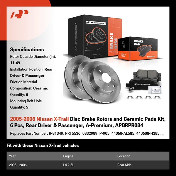 2005-2006 Nissan X-Trail Disc Brake Rotors and Ceramic Pads Kit, 6 Pcs, Rear Driver & Passenger, A-Premium, APBRPR084