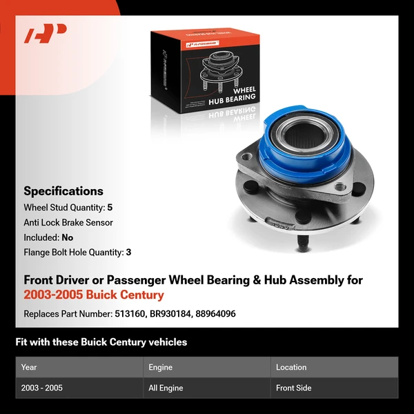 Front Driver or Passenger Wheel Bearing & Hub Assembly for 2003-2005 Buick Century