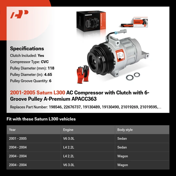 2001-2005 Saturn L300 AC Compressor with Clutch with 6-Groove Pulley A-Premium APACC363