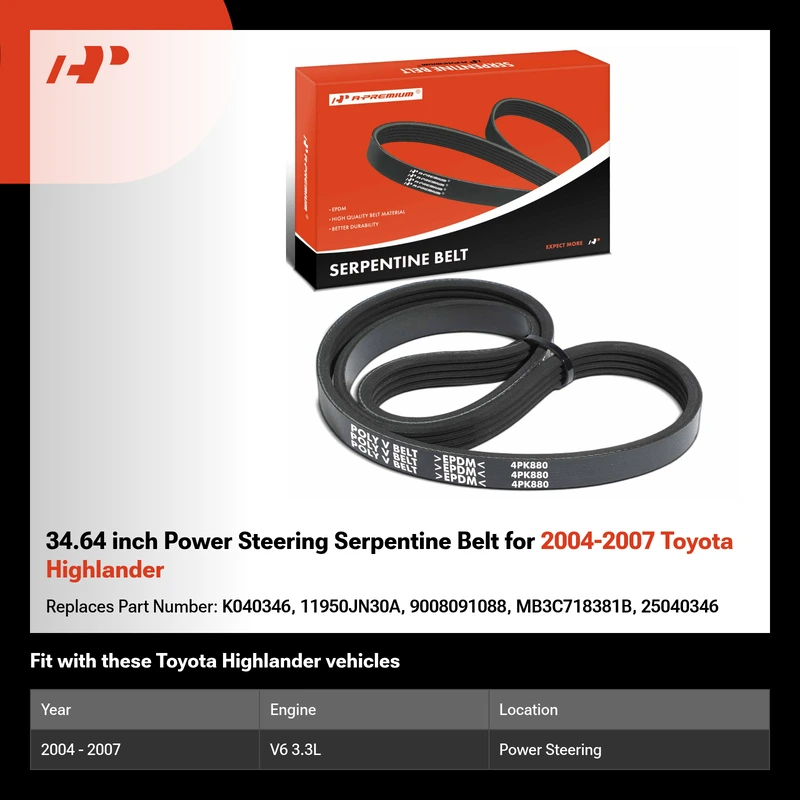 34.64 inch Power Steering Serpentine Belt for 2004-2007 Toyota Highlander