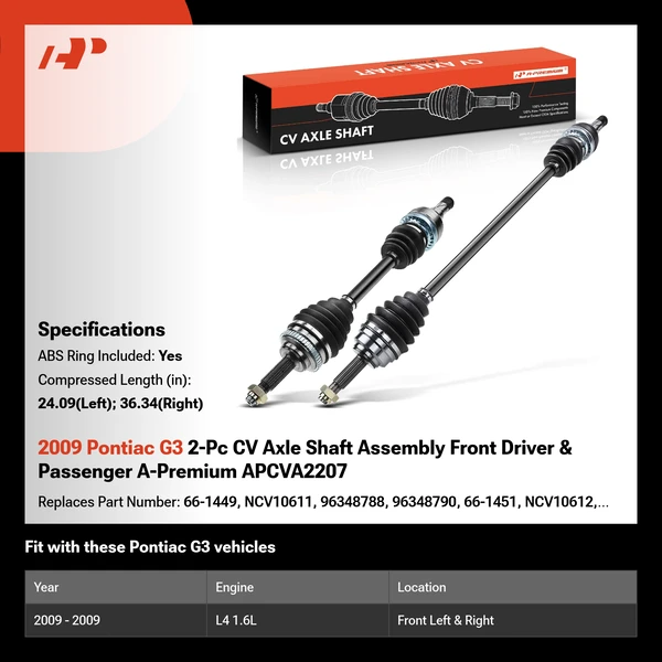 2009 Pontiac G3 2-Pc CV Axle Shaft Assembly Front Driver & Passenger A-Premium APCVA2207
