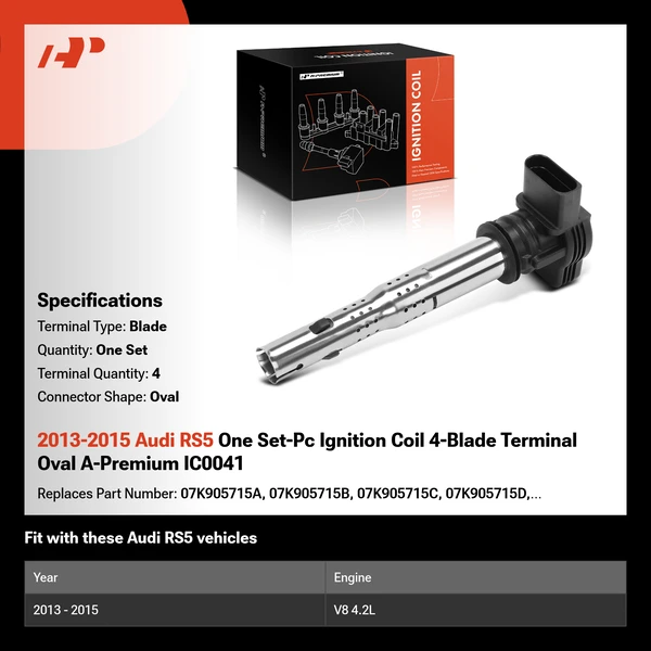 2013-2015 Audi RS5 One Set-Pc Ignition Coil 4-Blade Terminal Oval A-Premium IC0041